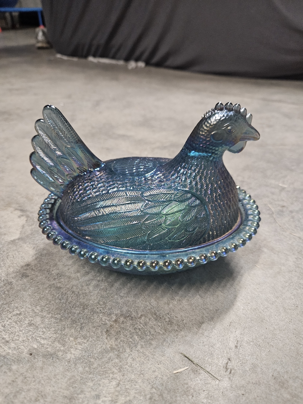 Iridescent Blue Carnival Glass Hen on Nest Dish